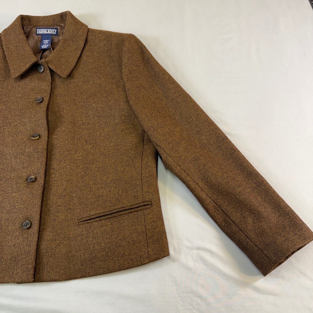 Lands End Women Petite Blazer Jacket Brown Tweed Wool Blend Button Front Size 14 - Picture 3 of 16